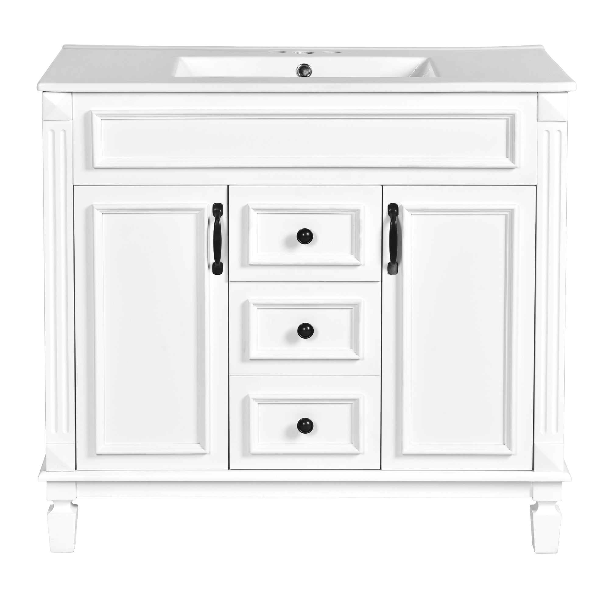 VanityFus 35.9-in White Bathroom Vanity Single Sink Combo with Ceramic Top Undermount 2 Soft Close Doors 2 Drawers Adjustable Shelves